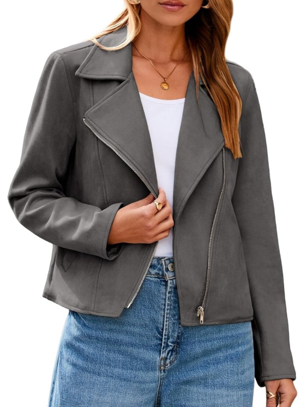 Women's Dark Grey Faux Suede Long Sleeve Casual Cropped Zipper Winter Jackets